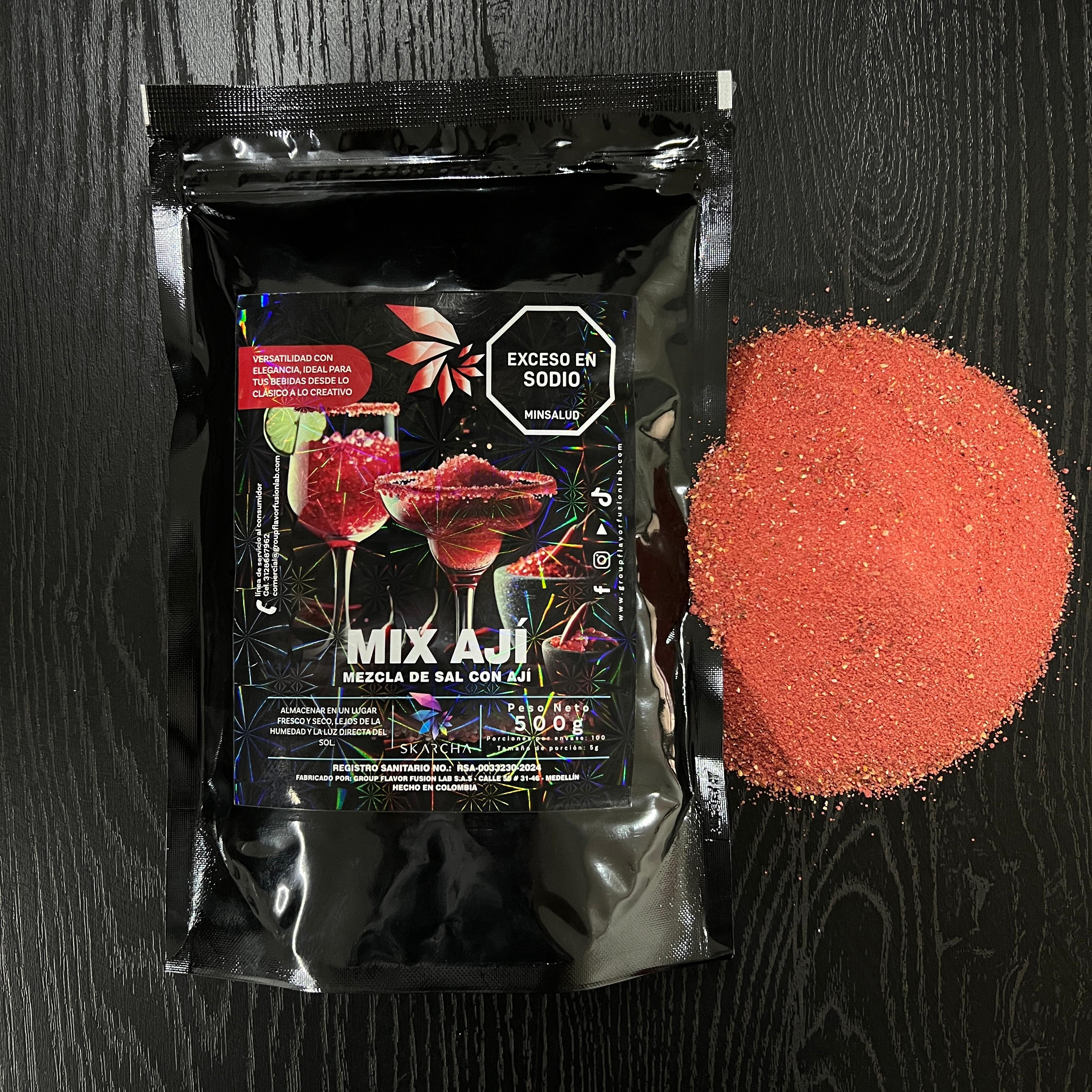 Bolsa Skarcha sal aji 500g — escarchador para bordes de cocteles, fondo blanco